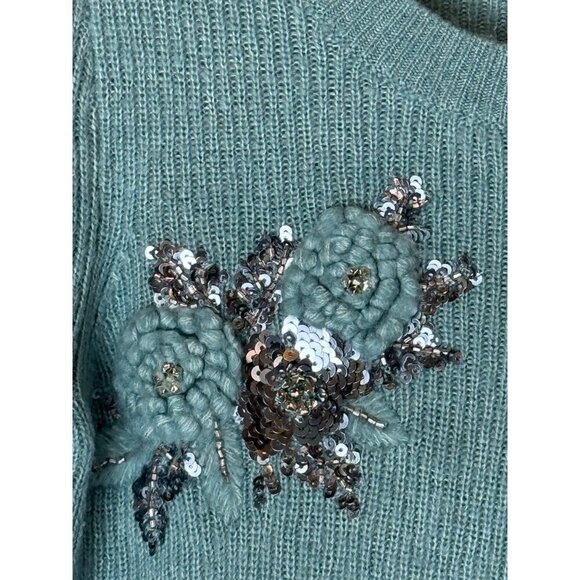 Loft Sweater Women XS Blue Green Fuzzy Knit Puff Sleeve Jewel Crochet Pullover - Picture 8 of 10